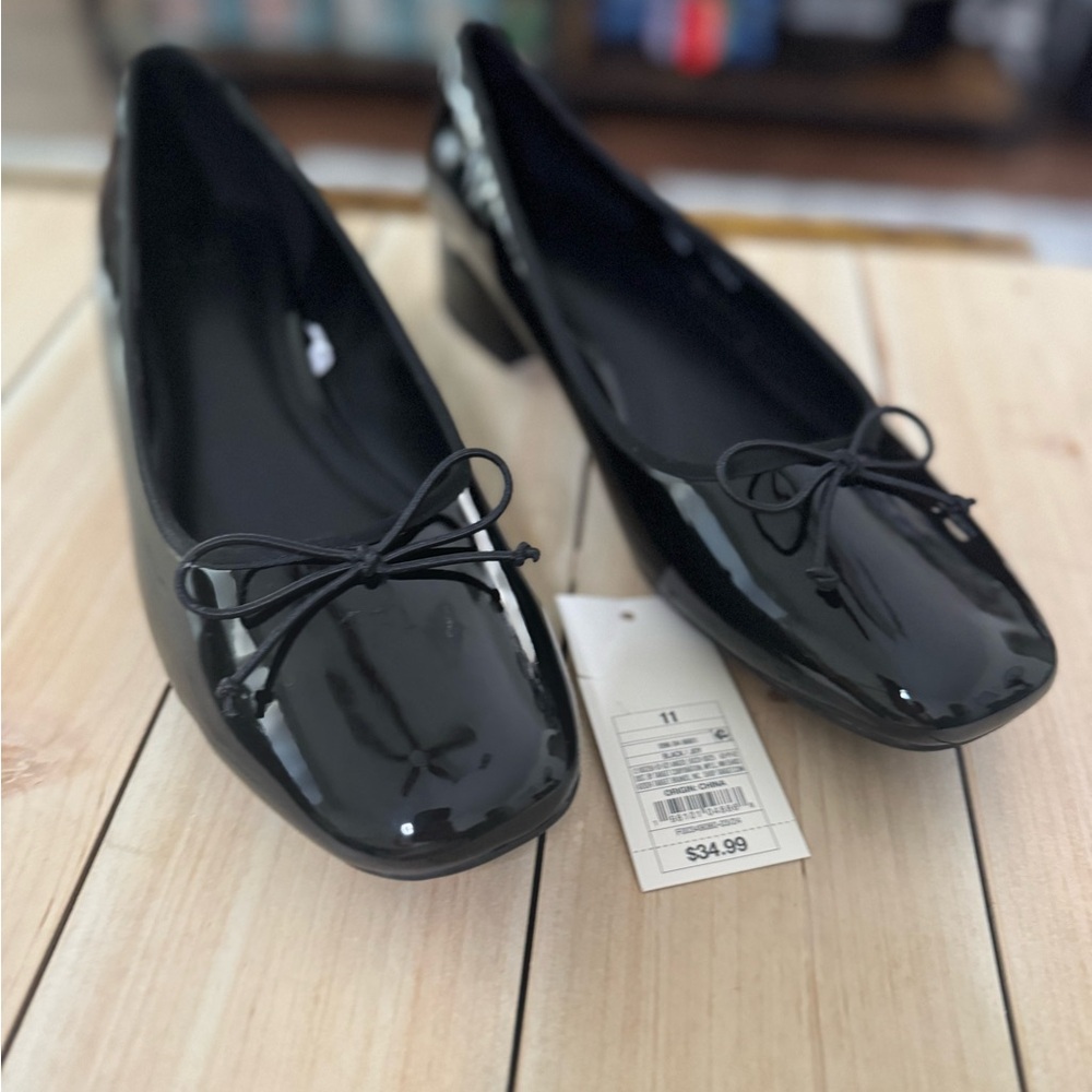 A New Day Glossy Black Loafers with Bow